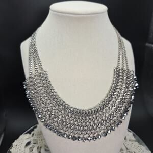 Chainmail Silver Tone Bib Collar Statement Choker Necklace Grey Faceted Beads